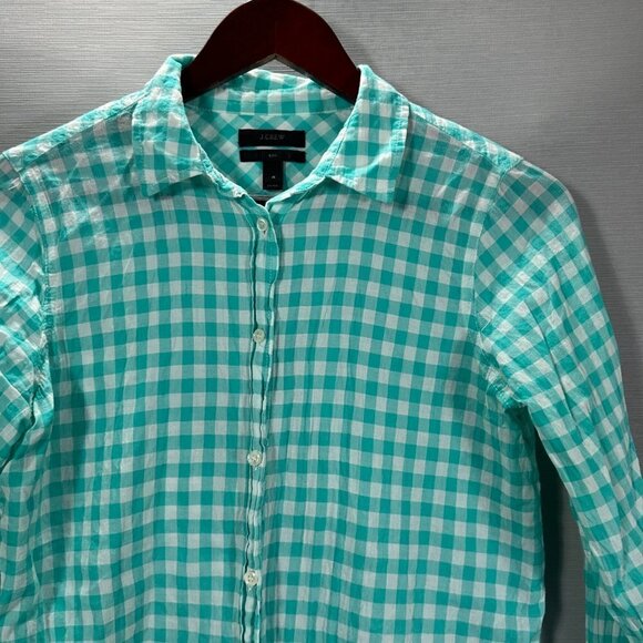 J Crew Boy Shirt Womens 4 Green Check Cotton Stretch Long Sleeve Button Up - Picture 2 of 8